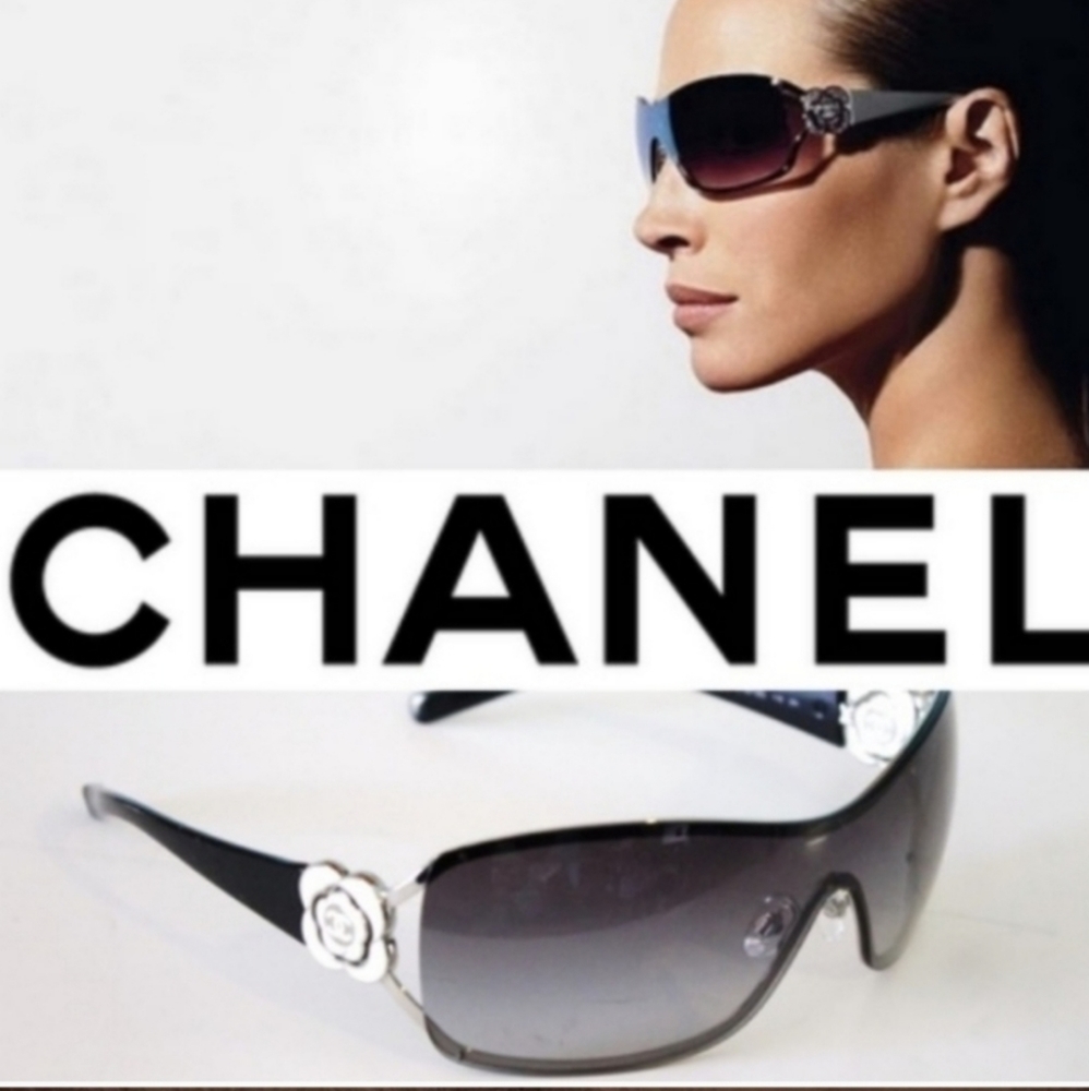 Chanel Camellia Crystals Black Shields Gradient Lenses Sunglasses